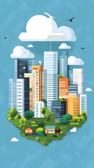 Wall Mural - Cityscape With Green Trees and Cloud