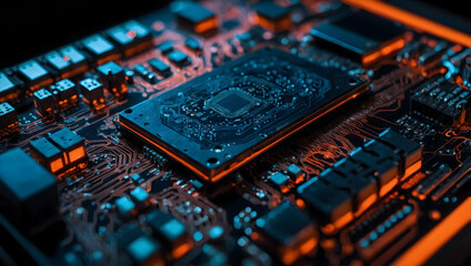 Poster - Glowing Core:  A close-up view of a futuristic circuit board with a powerful central processing unit illuminated in vibrant orange light. 
