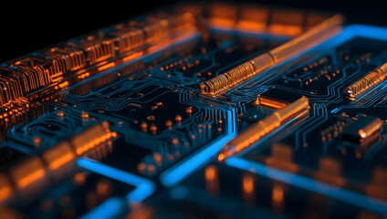 Wall Mural - Glowing Core:  A close-up view of a futuristic circuit board with a powerful central processing unit illuminated in vibrant orange light. 
