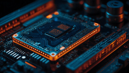Poster - Glowing Core:  A close-up view of a futuristic circuit board with a powerful central processing unit illuminated in vibrant orange light. 
