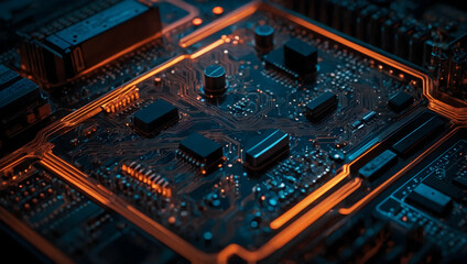 Poster - Glowing Core:  A close-up view of a futuristic circuit board with a powerful central processing unit illuminated in vibrant orange light. 
