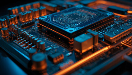 Poster - Glowing Core:  A close-up view of a futuristic circuit board with a powerful central processing unit illuminated in vibrant orange light. 
