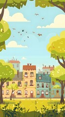 Poster - Cartoon Illustration of a Cityscape with Houses and Trees