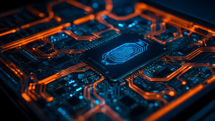 Wall Mural - Glowing Core:  A close-up view of a futuristic circuit board with a powerful central processing unit illuminated in vibrant orange light. 
