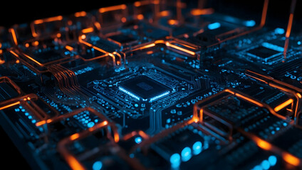 Poster - Glowing Core:  A close-up view of a futuristic circuit board with a powerful central processing unit illuminated in vibrant orange light. 
