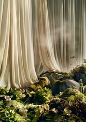 Poster - Curtains and Mossy Rocks in Sunlight