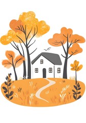 Sticker - Autumn House Illustration with Trees and Path