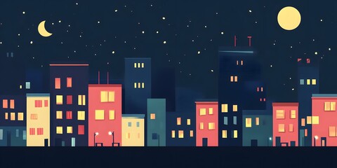 Sticker - Night Cityscape with Stars and Moon