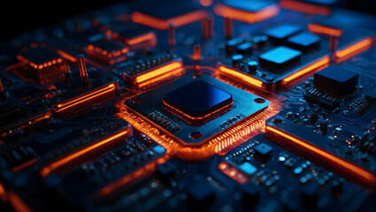 Poster - Glowing Core:  A close-up view of a futuristic circuit board with a powerful central processing unit illuminated in vibrant orange light. 
