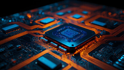 Poster - Glowing Core:  A close-up view of a futuristic circuit board with a powerful central processing unit illuminated in vibrant orange light. 
