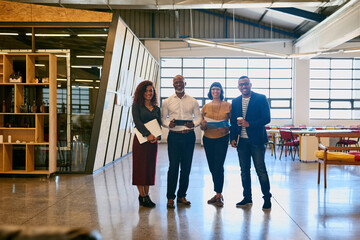 Aufkleber - Business people, teamwork and portrait in startup for technology, research or planning together. Creative agency, about us or happy interior designers with smile or media company project in workplace