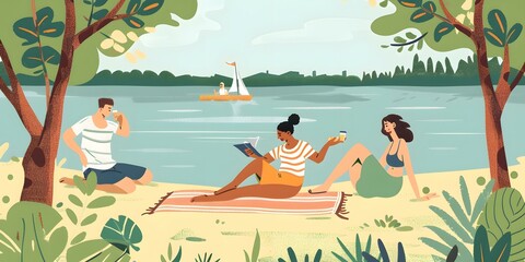 Group of Friends Enjoying Picnic by the Lake