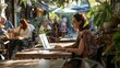 © PaulShlykov - Israel relaxed woman in her 40s working on laptop at coffee place in city.