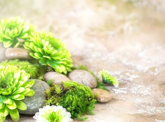 Sticker - Green Flowers and Stones on a Natural Background