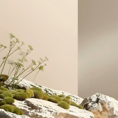 Wall Mural - Minimalist Beige Background With Green Moss and Plants