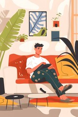 Wall Mural - Man Sitting on Sofa Relaxing at Home