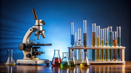 Aufkleber - Microscope on table with variety of test tubes, science, laboratory, research, equipment, scientific, experiment