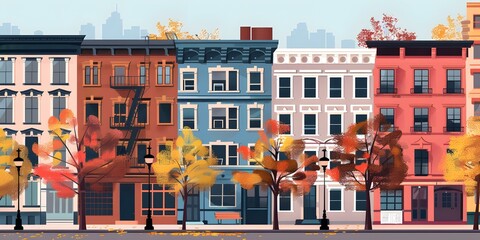 Wall Mural - Fall Colors Autumn Foliage Street Buildings