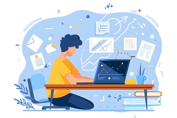 Canvas Print - Man Working on Laptop With Data Charts and Graphs