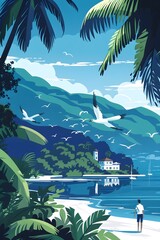 Poster - Tropical Beach Landscape with Palm Trees and a White House