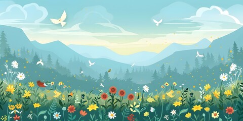 Poster - Beautiful Landscape Illustration with Colorful Flowers and Flying Birds