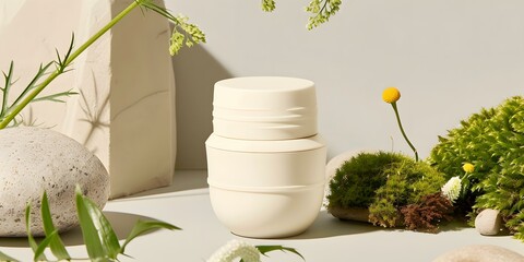 Sticker - White Ceramic Container with Green Plants and Stones on a White Background