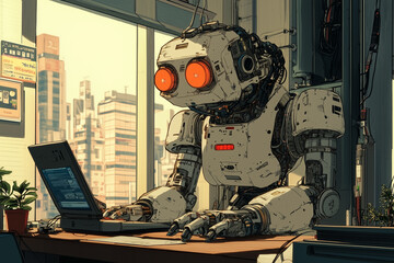 Aufkleber - retro-styled robot with glowing red eyes working on a laptop in a modern office setting, with a cityscape visible through the window.