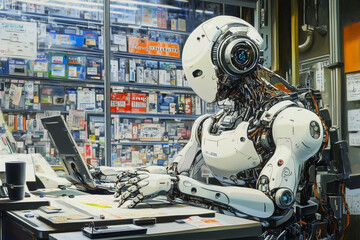 Aufkleber - A futuristic humanoid robot working on a laptop in a technology-filled workspace, surrounded by electronic components and gadgets.