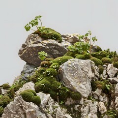 Wall Mural - Green Moss Growing On Rocks With White Background