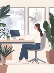 Wall Mural - Woman Working at a Desk in Front of a Computer