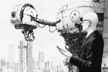 Poster - A monochrome illustration of a man in a suit interacting with large, futuristic robots against the backdrop of a cityscape, emphasizing technological advancement.