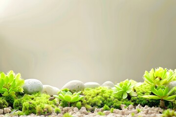 Wall Mural - Green Succulents with White Stones on a Beige Background