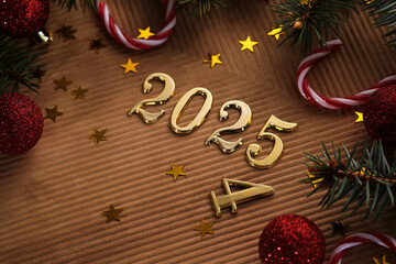 Wall Mural - new year 2025 beige background. number of the coming year in christmas decoration.