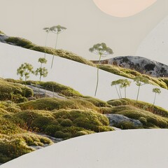 Wall Mural - Abstract Minimalist Illustration of Green Grass and Mountains