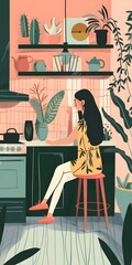 Poster - Woman Sitting in Kitchen with Plants and Shelving