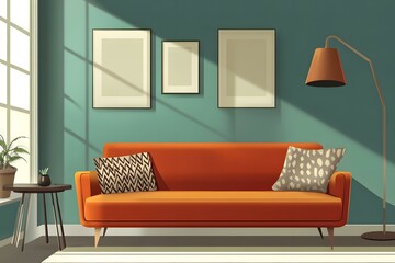 Wall Mural - Modern Living Room Interior Design With Orange Sofa And Three Pictures