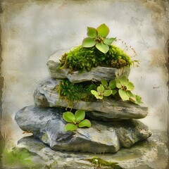 Canvas Print - Stack of Stones with Moss and Small Green Flowers