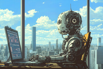 Poster - A futuristic robot working on a laptop in a high-rise office with large windows, overlooking a sprawling cityscape under a bright, blue sky.