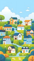 Sticker - Cartoon Illustration of a Village with Colorful Houses