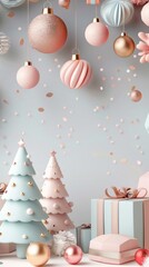 Poster - A Christmas scene with a blue and pink tree, a pink and white tree, and a pink