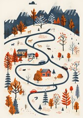 Wall Mural - Autumn Landscape with Winding Road and Houses