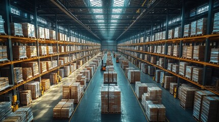 Extensive warehouse interior with stacked pallets and rows of shelves, showcasing efficient storage system.