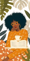 Canvas Print - Black Woman Reading With Coffee And Tropical Leaves