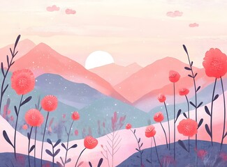 Canvas Print - Pink Sunset Landscape with Mountains and Flowers