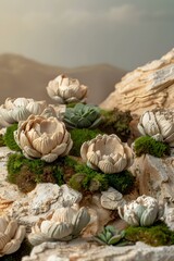 Canvas Print - Ceramic Lotus Flowers on a Stone and Moss Background