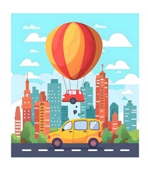 Wall Mural - Cartoon Cityscape with Car and Hot Air Balloon