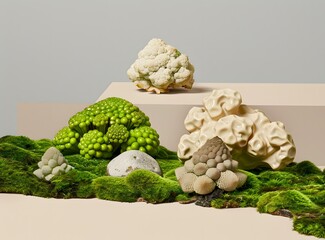 Wall Mural - Cauliflower and Romanesco Broccoli on Moss Background