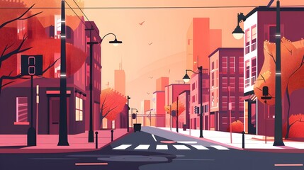 Cityscape Illustration with Buildings and Street Lights in Sunset