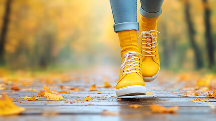 Wall Mural - person walking on a path covered with autumn leaves