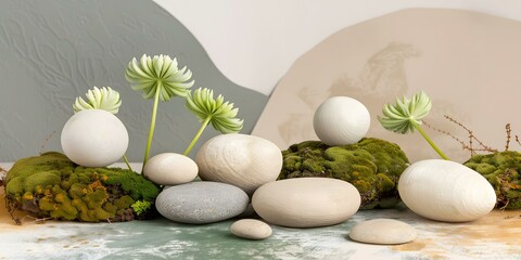 Green Plant and White Stone Composition on Moss Background